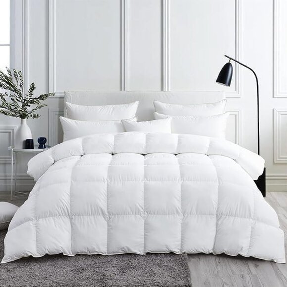 Plush White Goose Feather Comforter, Oversized Queen, 100% Egyptian Cotton Cover - Picture 1 of 4